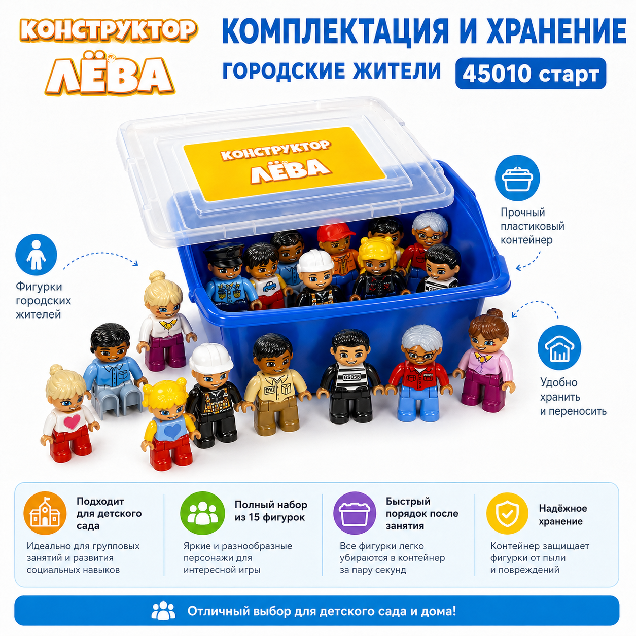 Комплектация и хранение конструктора Лёва Городские жители 45010