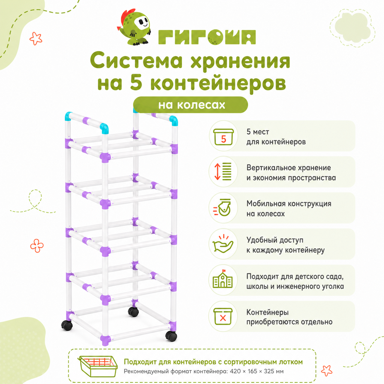 Система хранения на 5 контейнеров, контейнеры приобретаются отдельно Система хранения на 5 контейнеров на колёсах для детского сада и учебных материалов