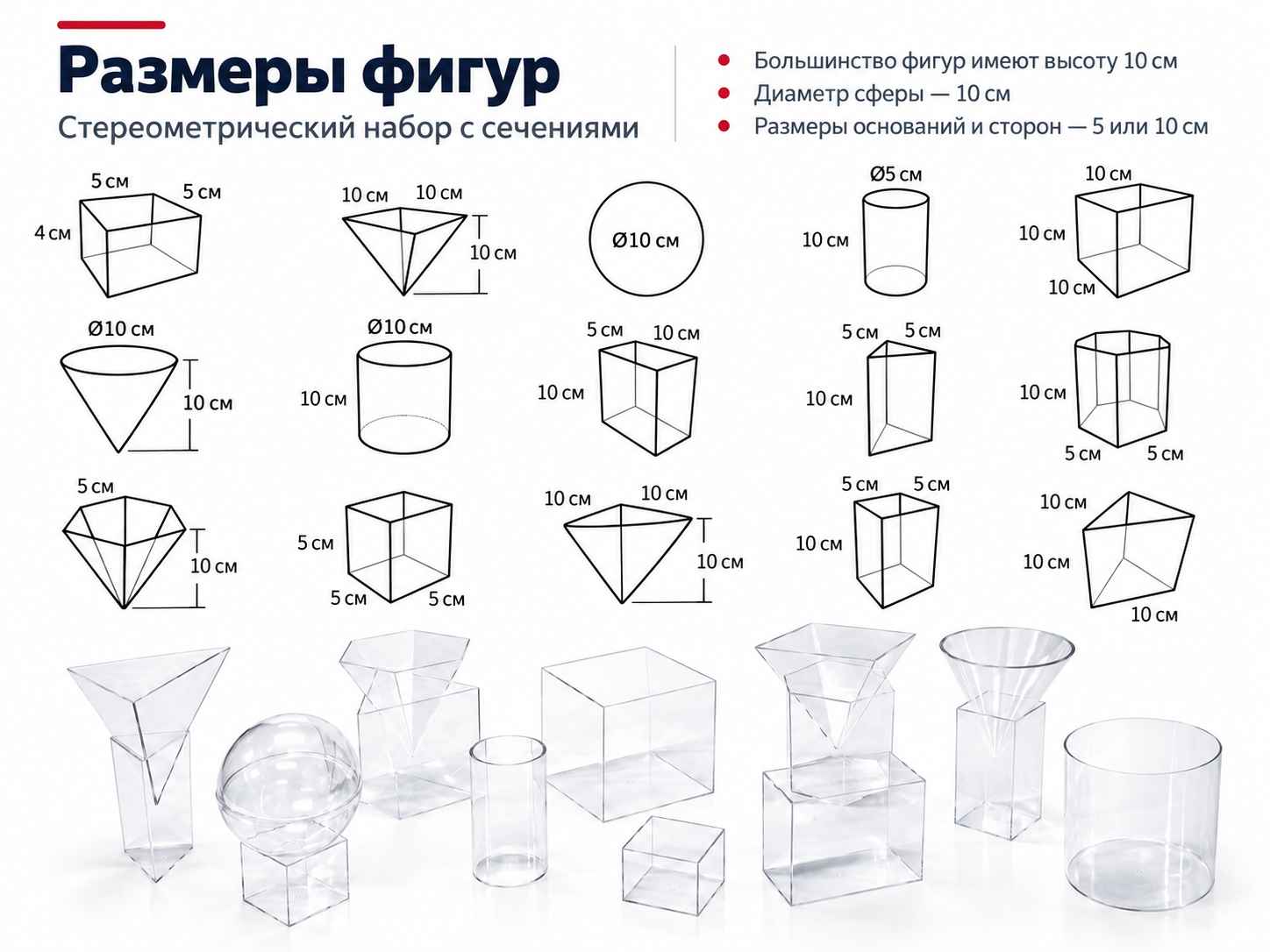 Размеры моделей стереометрического набора Размеры прозрачных геометрических тел